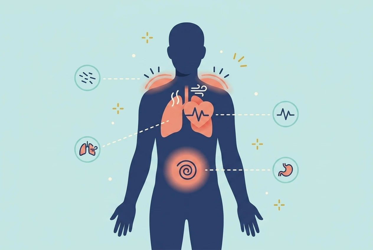 Symptômes physiques de l'anxiété — cœur, poumons, ventre, muscles